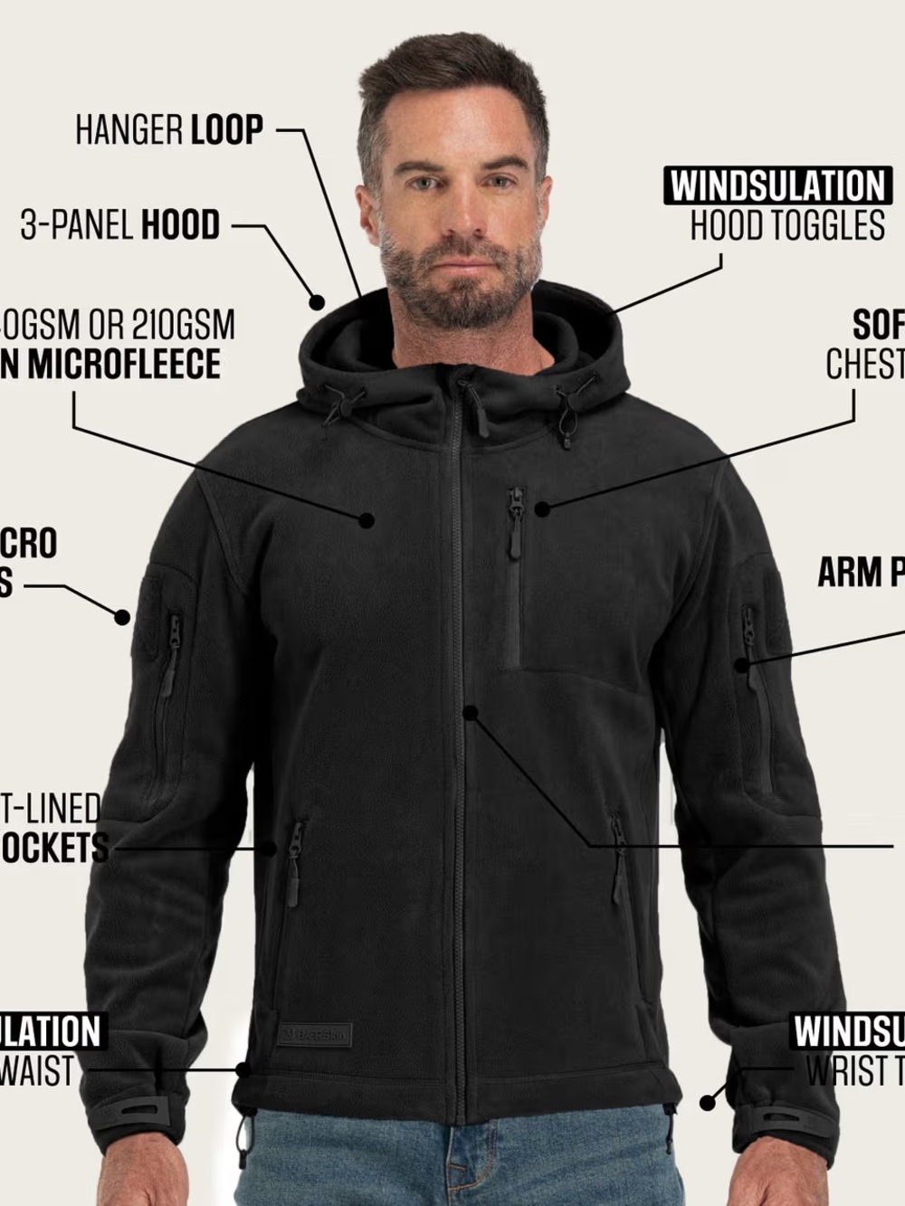 Men's Tactical Black Hooded Microfleece Jacket with Wind-Resistant Hood